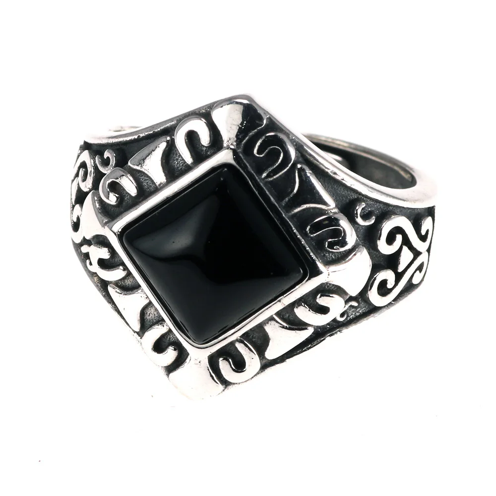 

Solid 925 Sterling Silver Retro Punk Women Rings With Natural Black Agate Square Stone Engraved Antique Flowers