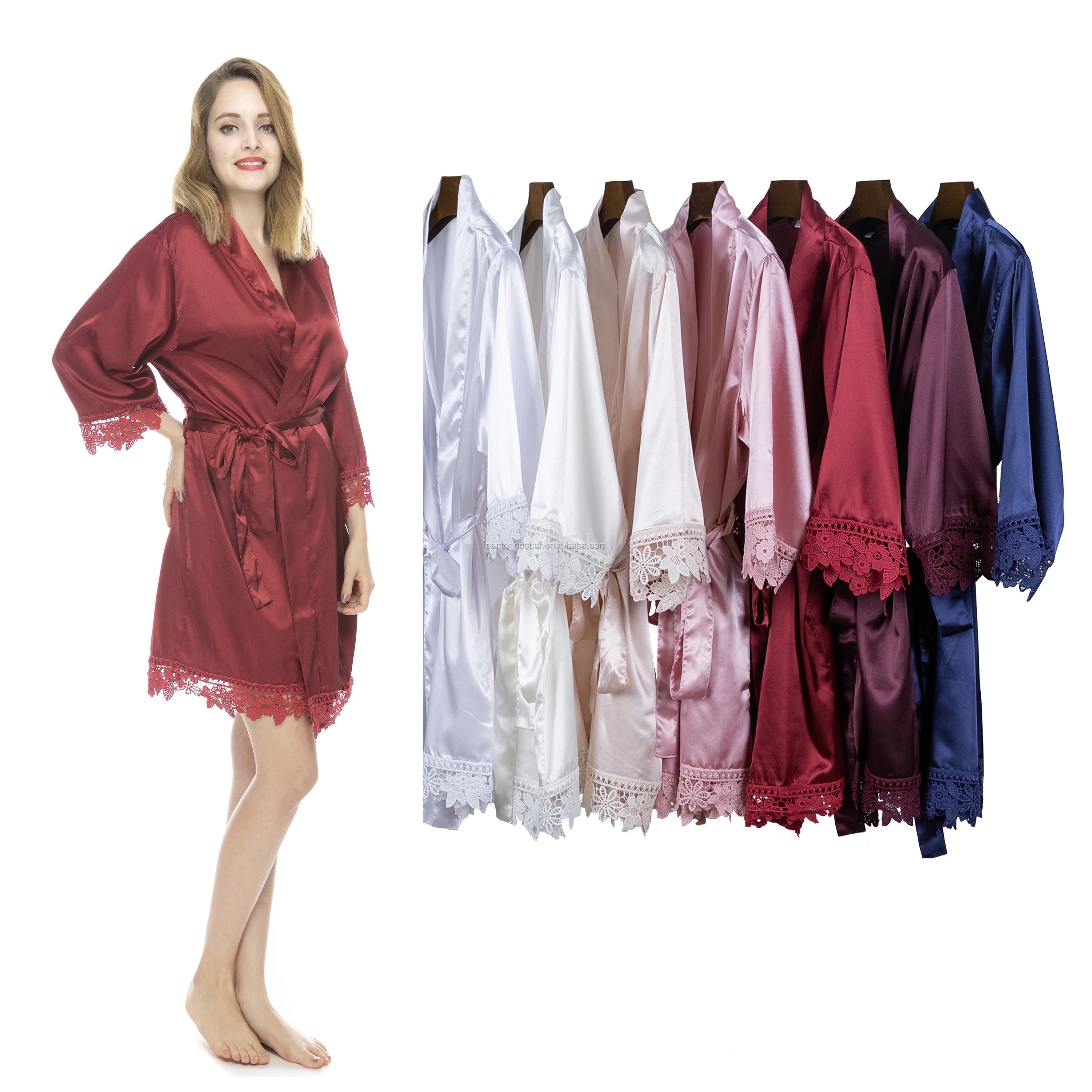 

wholesale wedding high quality match color lace trim silk satin robe for women