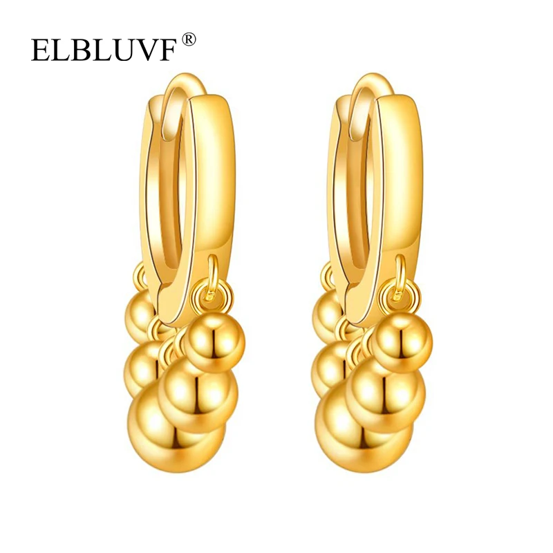

ELBLUVF Free Shipping Copper Gold Plated Round Beads Clasp Earrings For Women Wholesale Accessories, Silver/gold/rose gold