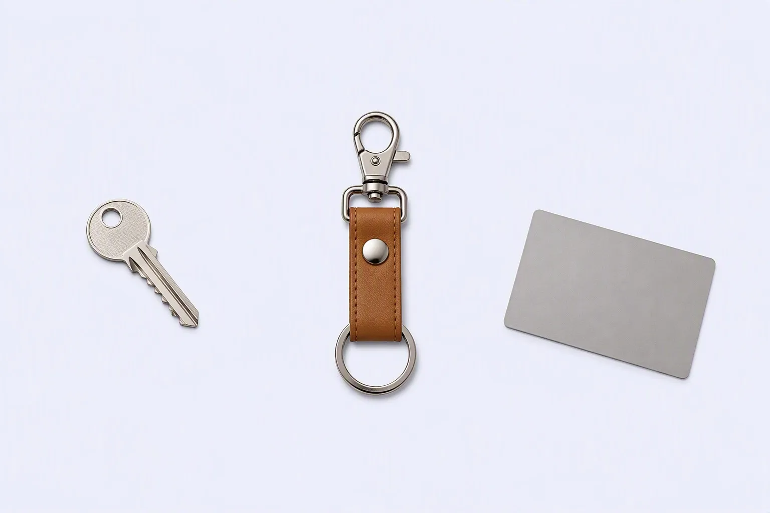 Overhead flat-lay of the keychain with a key and card