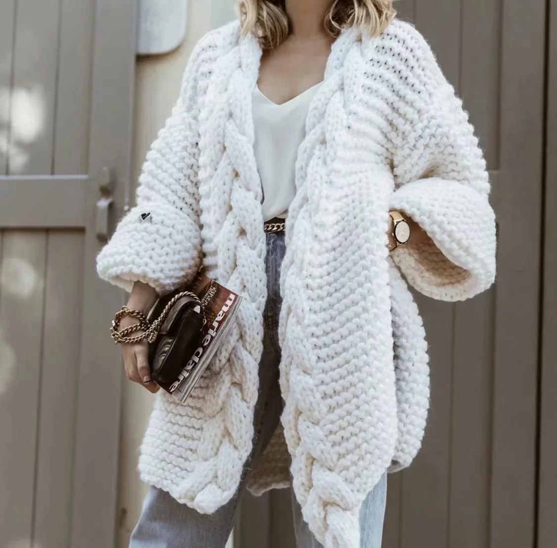 

Women Winter Merino Wool Handmade Cable Knitted Chunky Hoodie Oversized Sweater Cardigan, Customized color