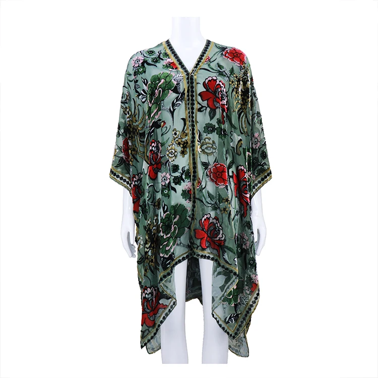 

High quality women floral Burnout vintage velvet kimono viscose autumn kimono with side slits, Can be customized