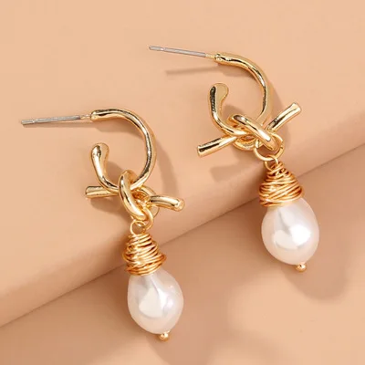 

New Arrival European Style Jewelry 24K Gold Plating Knot Pearl Drop Earrings C Circle Wrapped Pearl Earrings