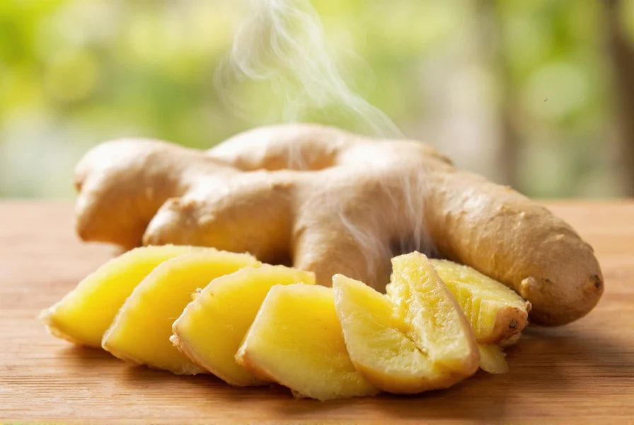 Fresh ginger root sliced with steam rising, showing natural compounds for sore throat relief