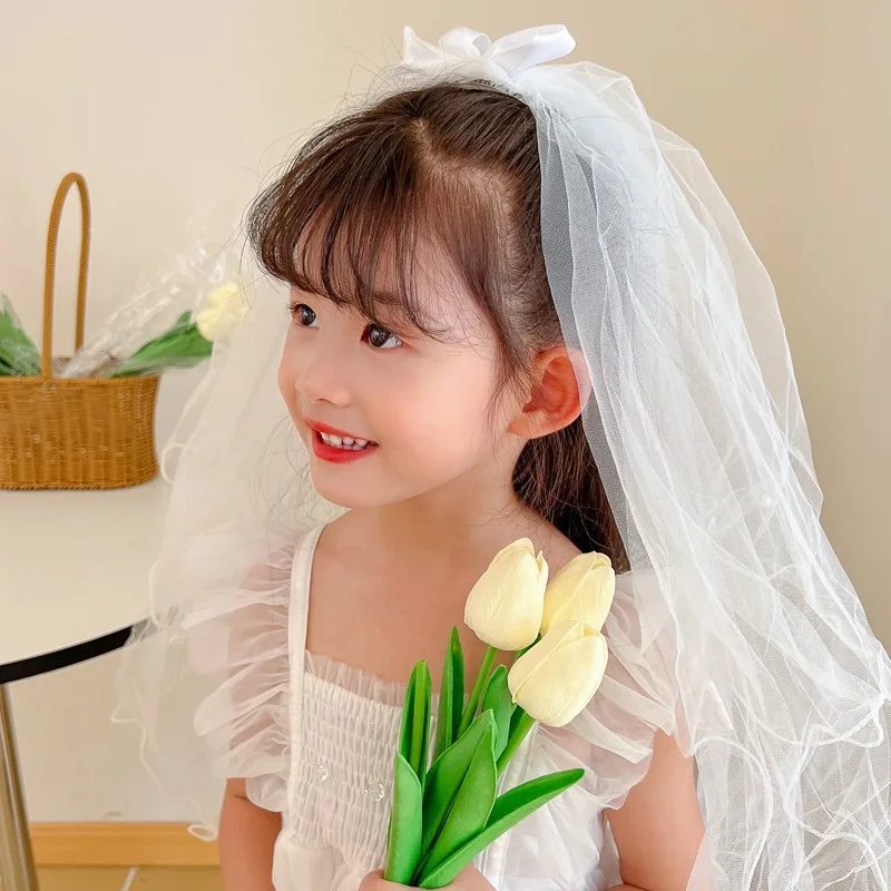 

Flower Girls Fashion Head Ornament Children Hairpin Princess Rhinestone Crown Bowknot Long Veil Hair Clip