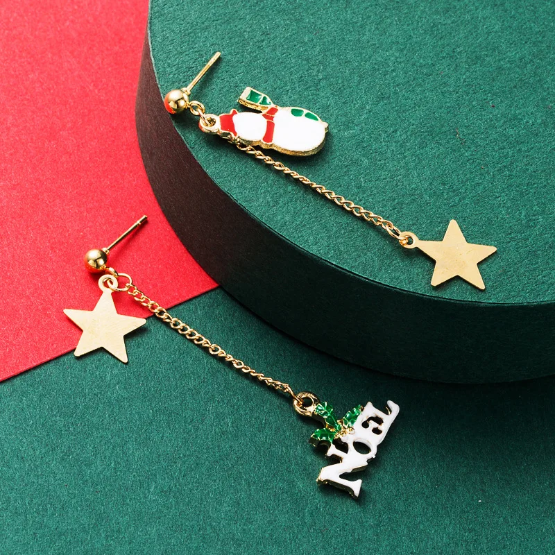 

European Hot Sale Gold Plated Snowman Star Long Pendant Earrings Creative Asymmetric Christmas Drip Oil Earrings For Women Gifts