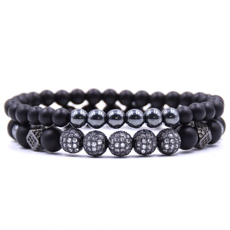 

2 Pcs Handmade High Quality CZ Micro Pave Charm Bracelet For Men And Women Matte Black Onyx Beads Bracelet Sets