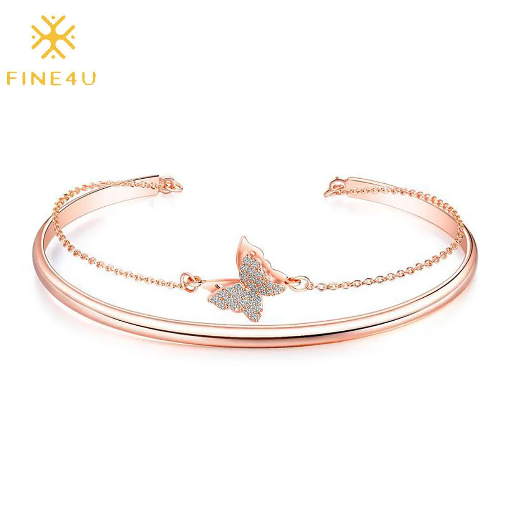 

Women fashion trending rose gold double layered cuff bangle zircon delicate butterfly bracelet wedding party gift