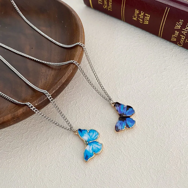 

2021 New Blue Butterfly Pendant Necklace for Women Wedding Stainless Steel Choker Necklace Jewelry Accessories