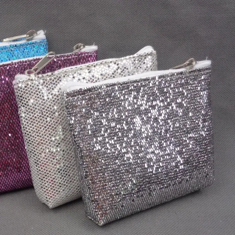 

Promotion Bling Vintage Disco Style Shiny Blue Pink Red Silver Sequined Glitter Credit Card Key Holder Mini Small Coin Purse Bag, 5 choices