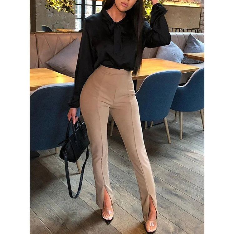 

OL Style Fall Solid Color Pencil Split Hem High Waist Long Pants Women Ladies Office Wear Trousers, White,khaki,red,black