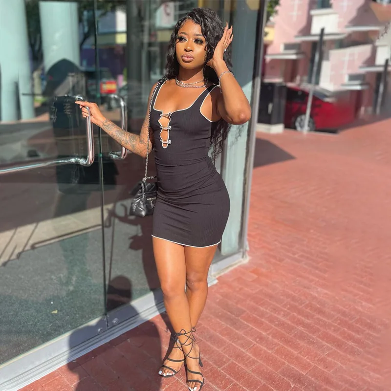 

XUQING Wholesale 2021 summer new tank top elegant casual solid hollow out bodycon mini sexy dresses for women, Photos show