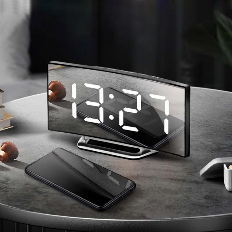 

Modern Home Multifunctional Bedside Table Desktop Digital Mirror Screen Electronic Decorative LED Alarm Clock, Black