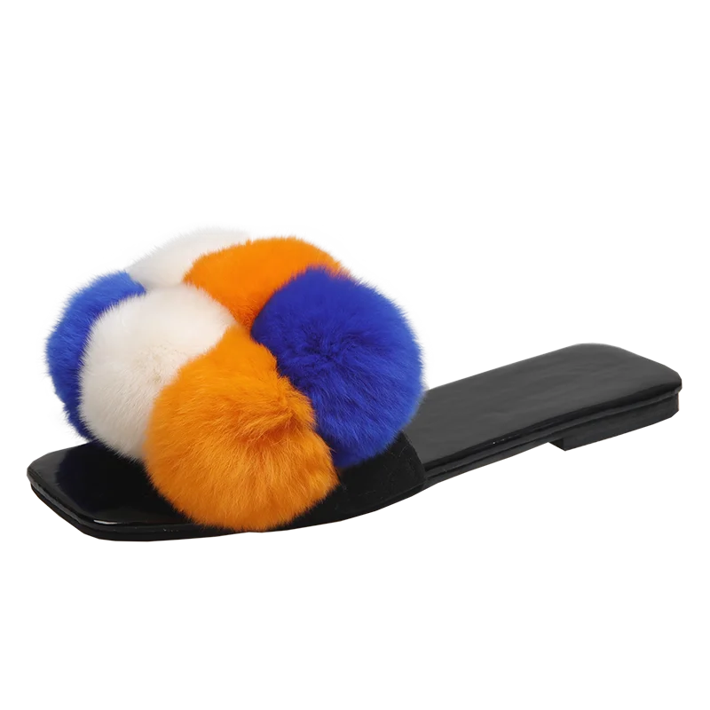 

2021 hot-selling American ladies luxury fluffy sandals women's flat fur slippers, Colorful,black