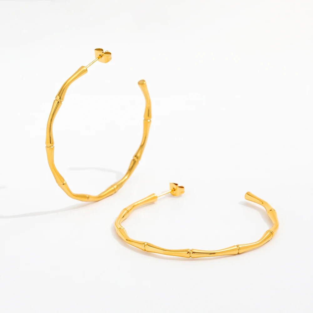 

Trendy 18K PVD Gold Plated Waterproof Thin Big Large Bamboo Hoop Earring for Women Stainless Steel Fashion Jewelry
