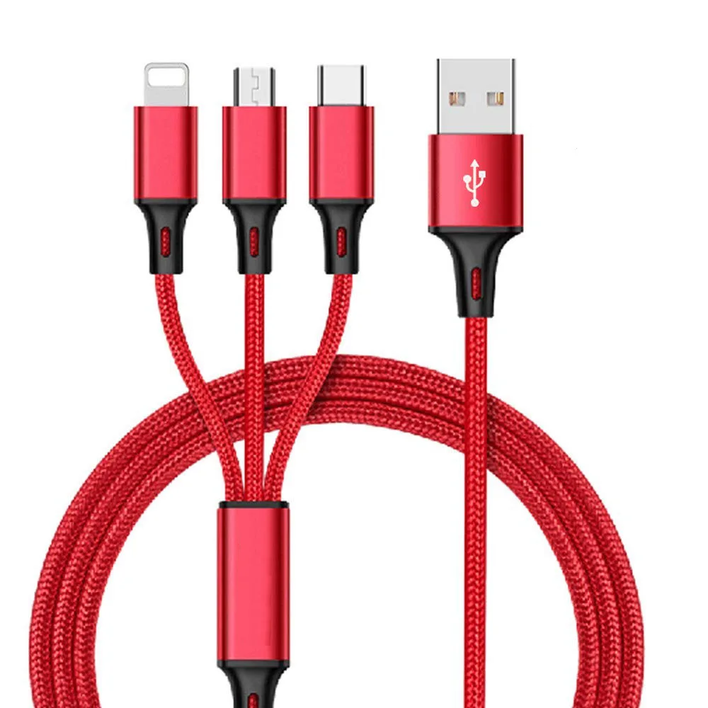 

Custom Logo 3 in 1 Multi Nylon Braided Charger Cable Type C Mobile Phone Fast Charging USB Multiple Connector For iphone huawei, Black, silver, red, blue