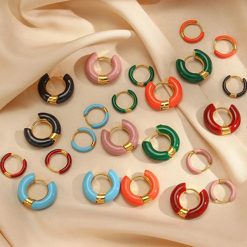 

Trendy Multi Color Oil Drop Small Hoop Earring PVD 18K Gold Plated Stainless Steel Hoop Earrings Jewelry for Women