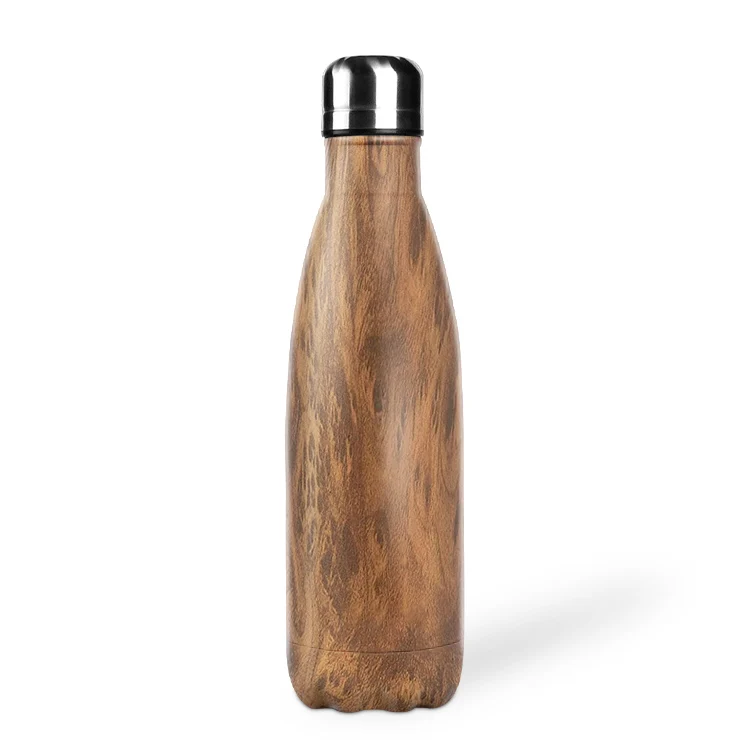 

Custom logo color 12oz double wall insulated Cola shape cold water bottle sport in stainless steel flasks with wooden pattern, Customized color