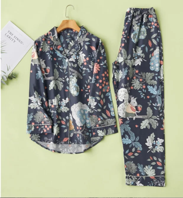 

Vintage Cotton Printed Long Sleeve Pajama Suit Women Pajamas