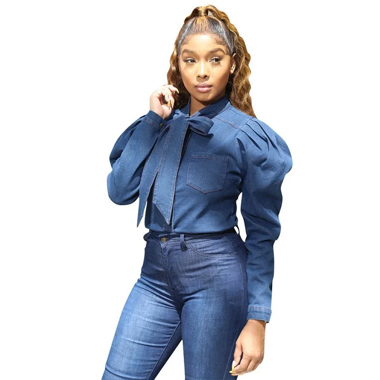 

hot sale sexy classic popular slim fit long sleeve denim tops shirt blue colors jeans blouse women