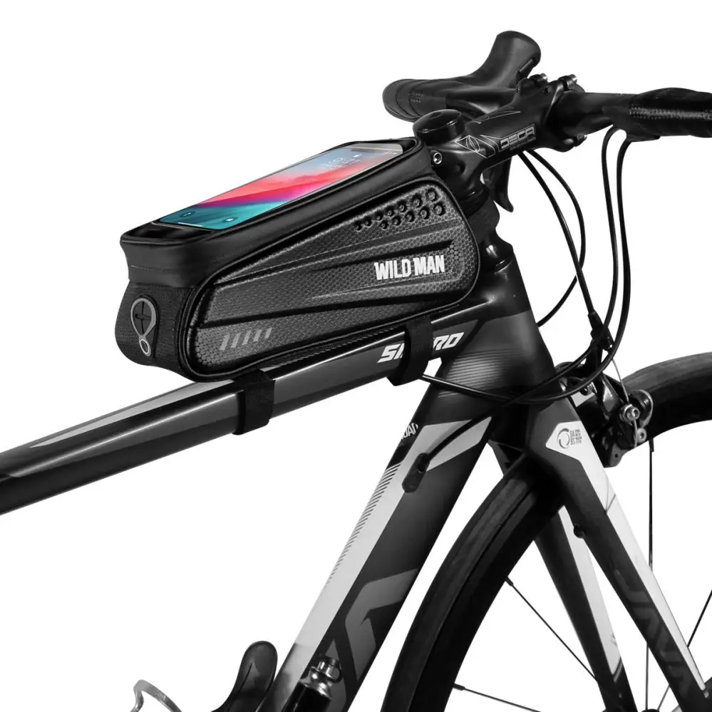 

WILD MAN Rainproof Bicycle Bag Frame Front Top Tube Cycling Bag Reflective Phone Case Touchscreen Bag MTB Bike Accessories, Black