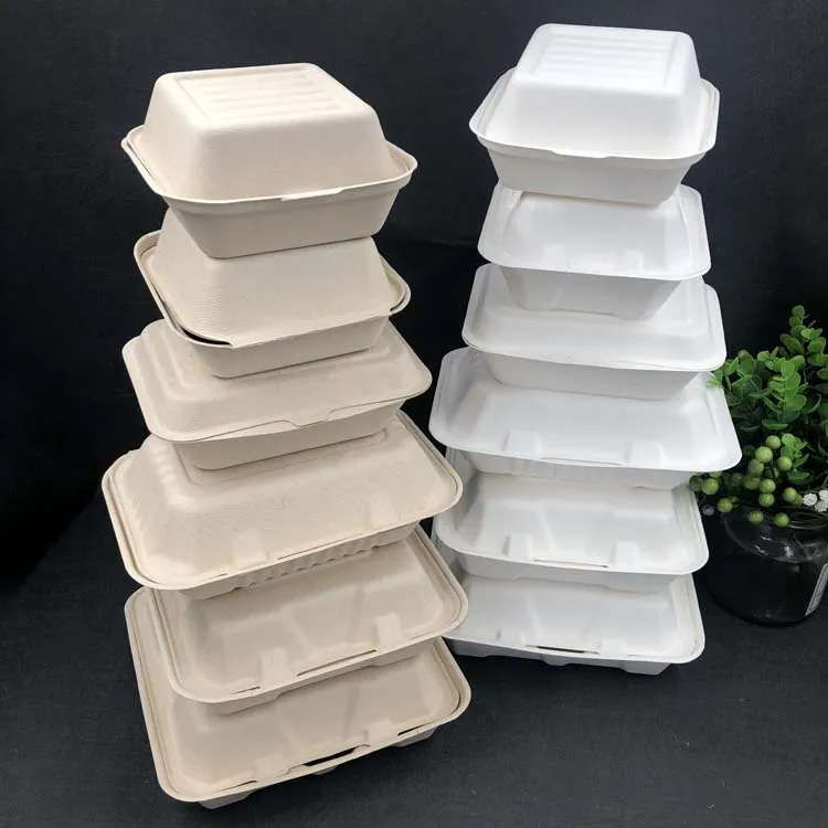 

Clamshell Takeaway Food Box Taper Biodegradable Disposable Plate Dish Bagasse and Bamboo Pulp Rectangle White or Natural Paper