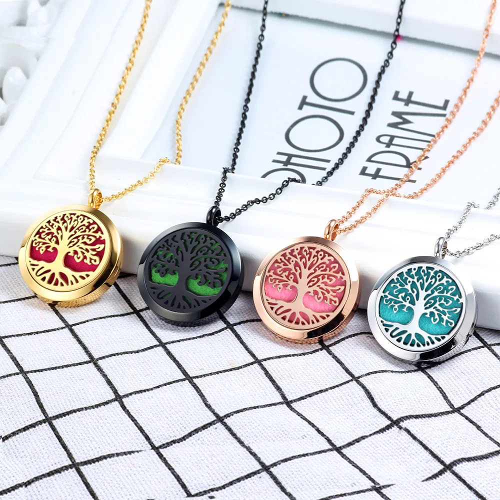 

Tree Of Life Titanium Stainless Steel 316L Jewelry Gold Plated Necklace Locket Women Aroma Essential Oil Diffuser Necklace, Customized