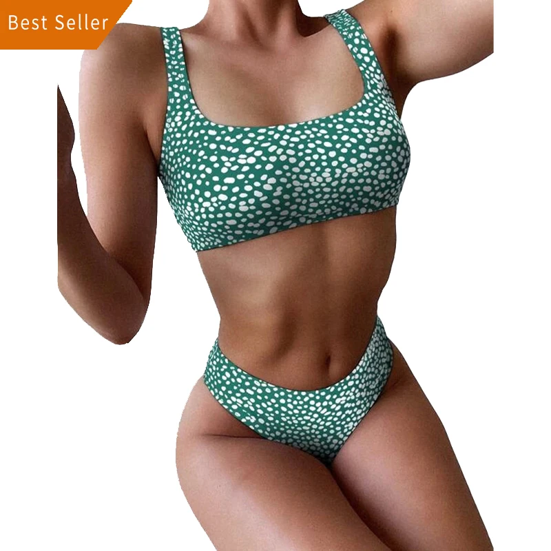 

Womens Sexy 2 Piece Bikini Set Spaghetti Cami Strap Bandeau Swimsuit High Waisted Cheeky Thong Solid Color Bathing Suit