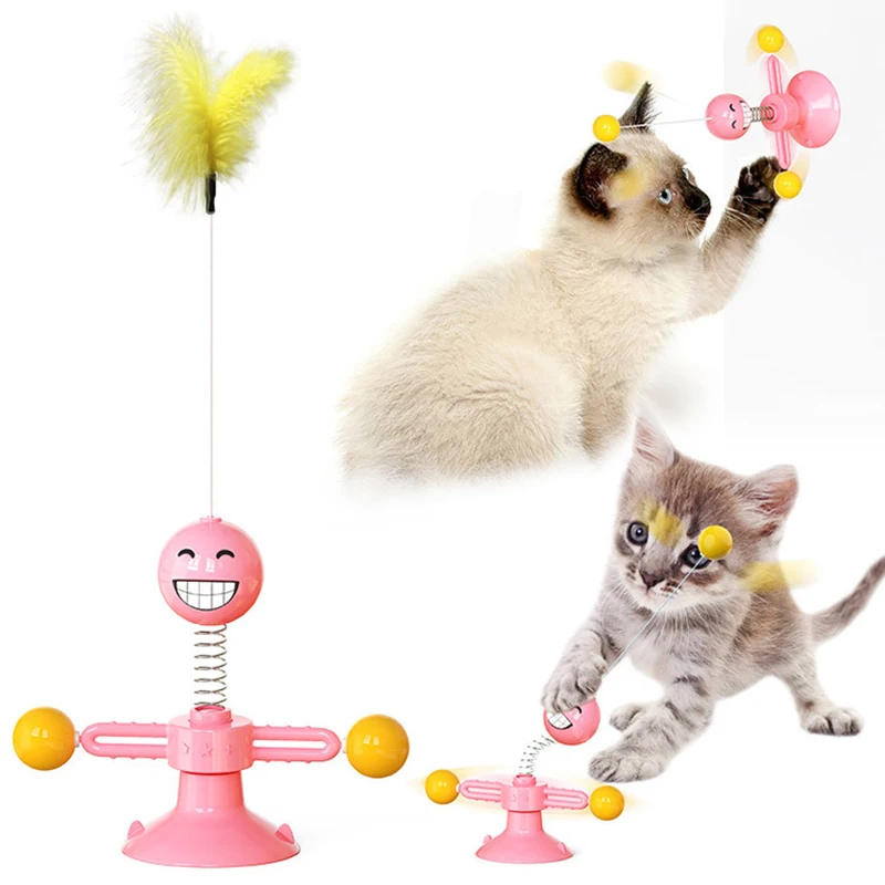

Amazon Hot Selling Plastic Interactive Yellow Ball And Feather Spring Chuck Cat Toy Turntable Windmill Teaser Cat Toys, Picture showed