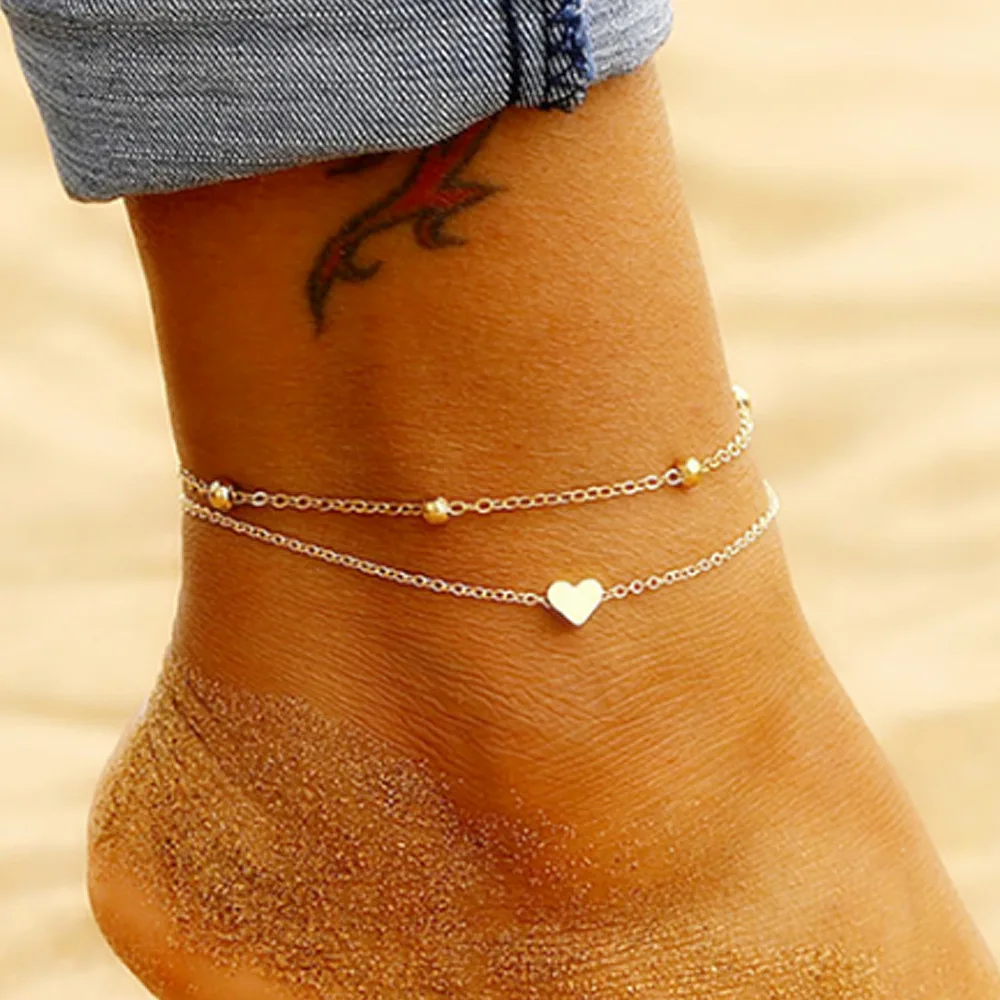 

Whole Gold Plated Zinc Alloy Double Layers Heart Anklet Multi Layers Bead Chain Heart Anklet Bracelet Set