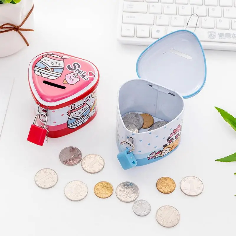 

Cartoon Animals Money Box Tinplate Heart Shaped Piggy Bank With Lock Coin Collection For Kids Prizes, As pic