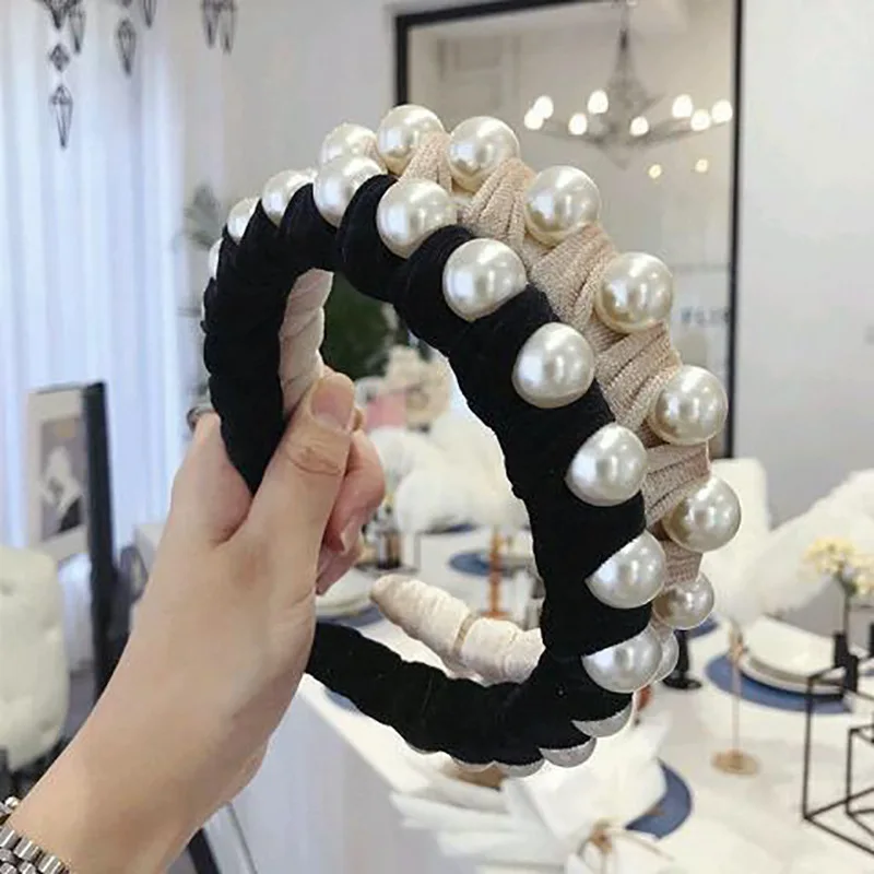 

JUHU New European and American style large pearl hair hoop lady nail bead wide edge press hair clip fabric art wide edge headban, Colorful