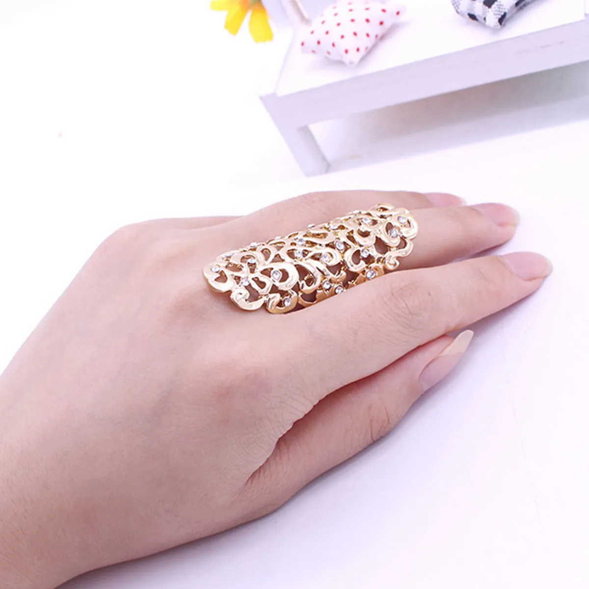 

European and American New Exaggerated Alloy Diamond-Encrusted Hollow Carved Ring Hot Sale Long Joint Ring For Women Wholesale, Colorful