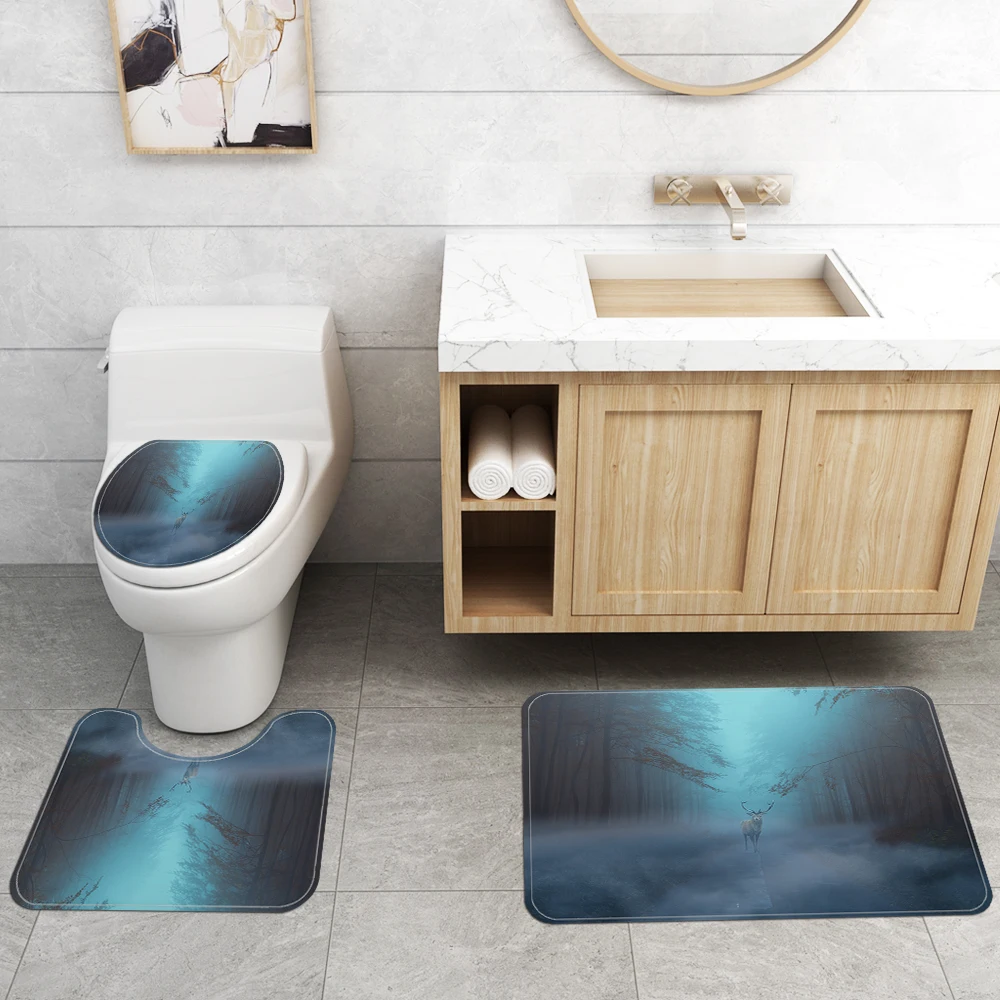 New Shower Curtain Lid Toilet Cover Bath Mat Rug with Hooks Bathroom Accessory Sets