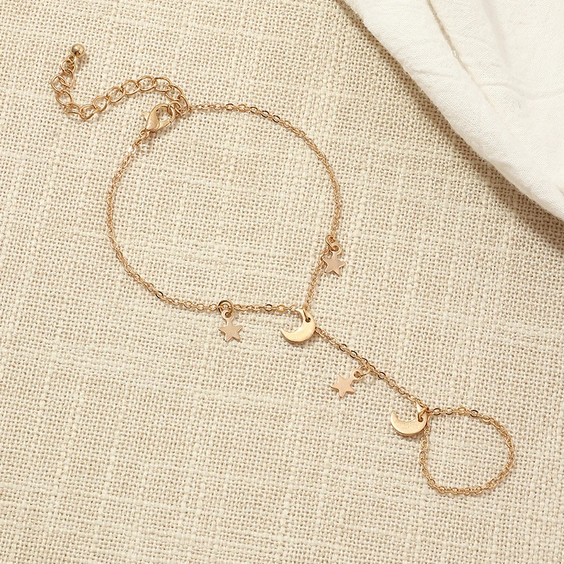

Fashion Simple Gold Plated Chain Band Ring Star Moon Bracelet For Women