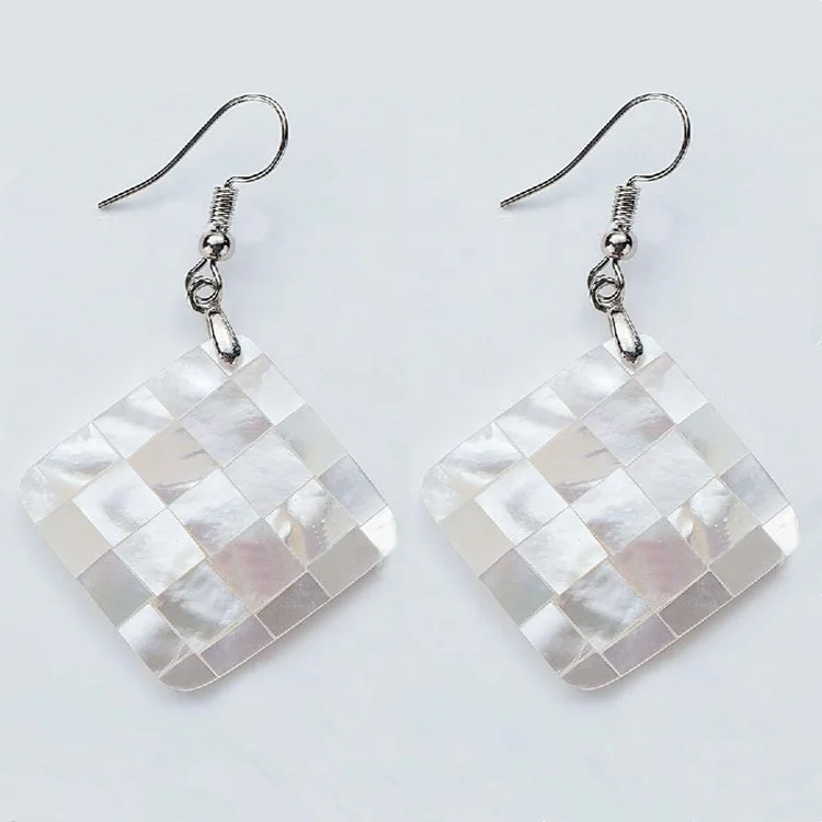 

MOP84 Nature Jewelry Rhombus Dangle Ivory White Genuine Mother of Pearl Shell Earrings