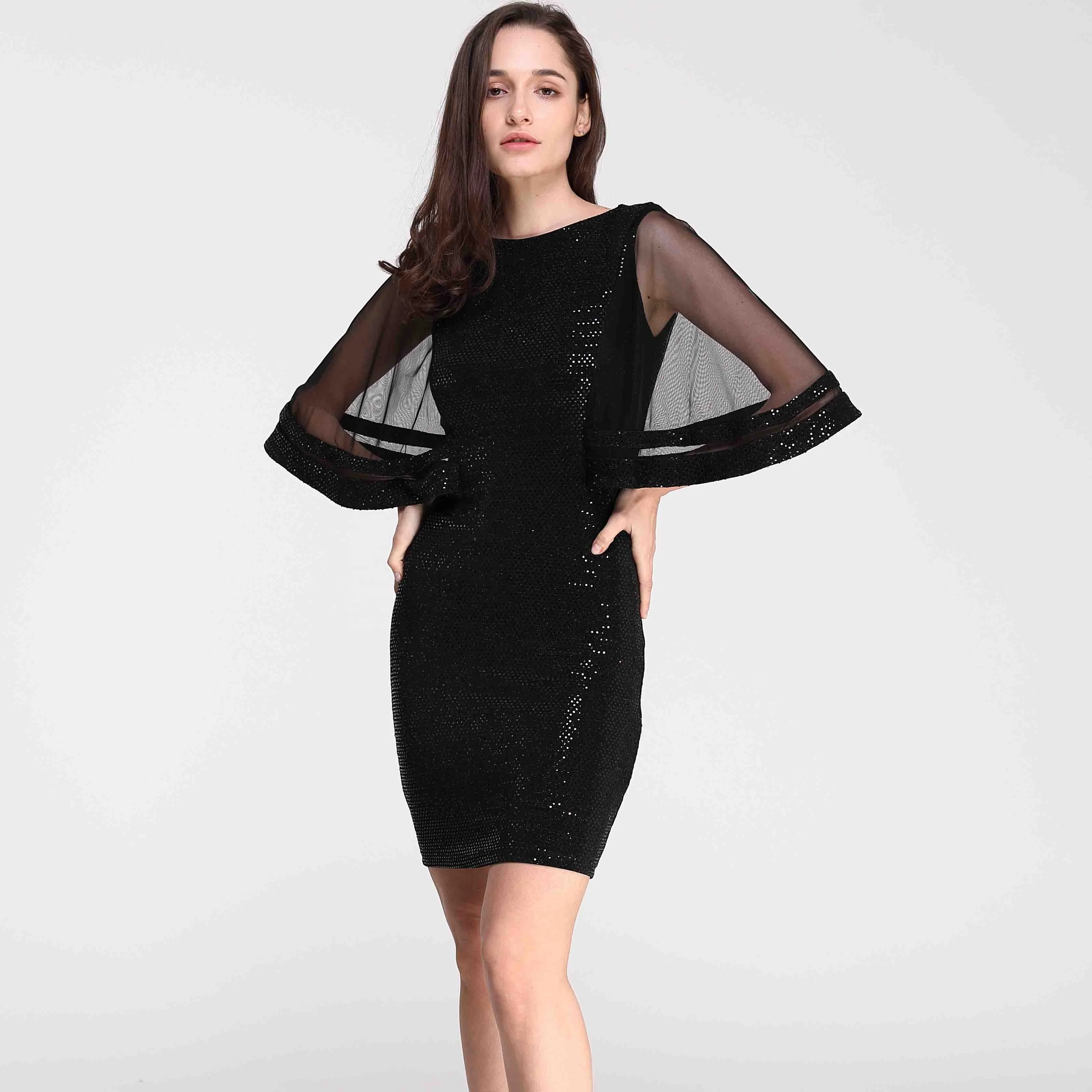 

New Design Sexy Plus Size Career Dresses Paillette Back V-neck Angel Sleeve Shiny tight short Mesh Mini Black Dress Women, Many color available,as your request