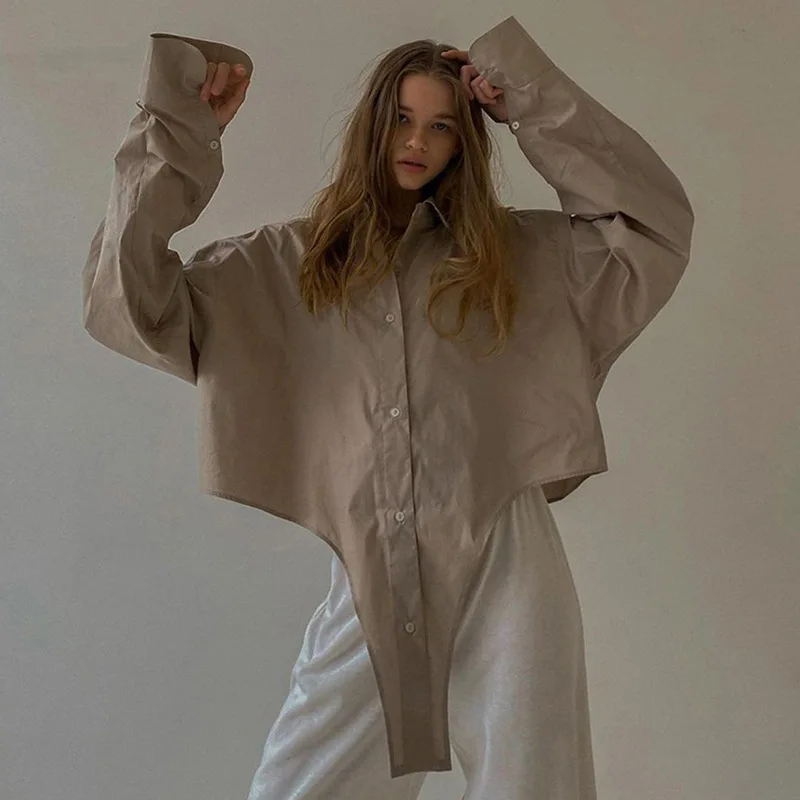 

2021 Factory Hot Sale Women's Blouse Lapel Long Sleeve Irregular Single Breasted Loose Blouses Casual