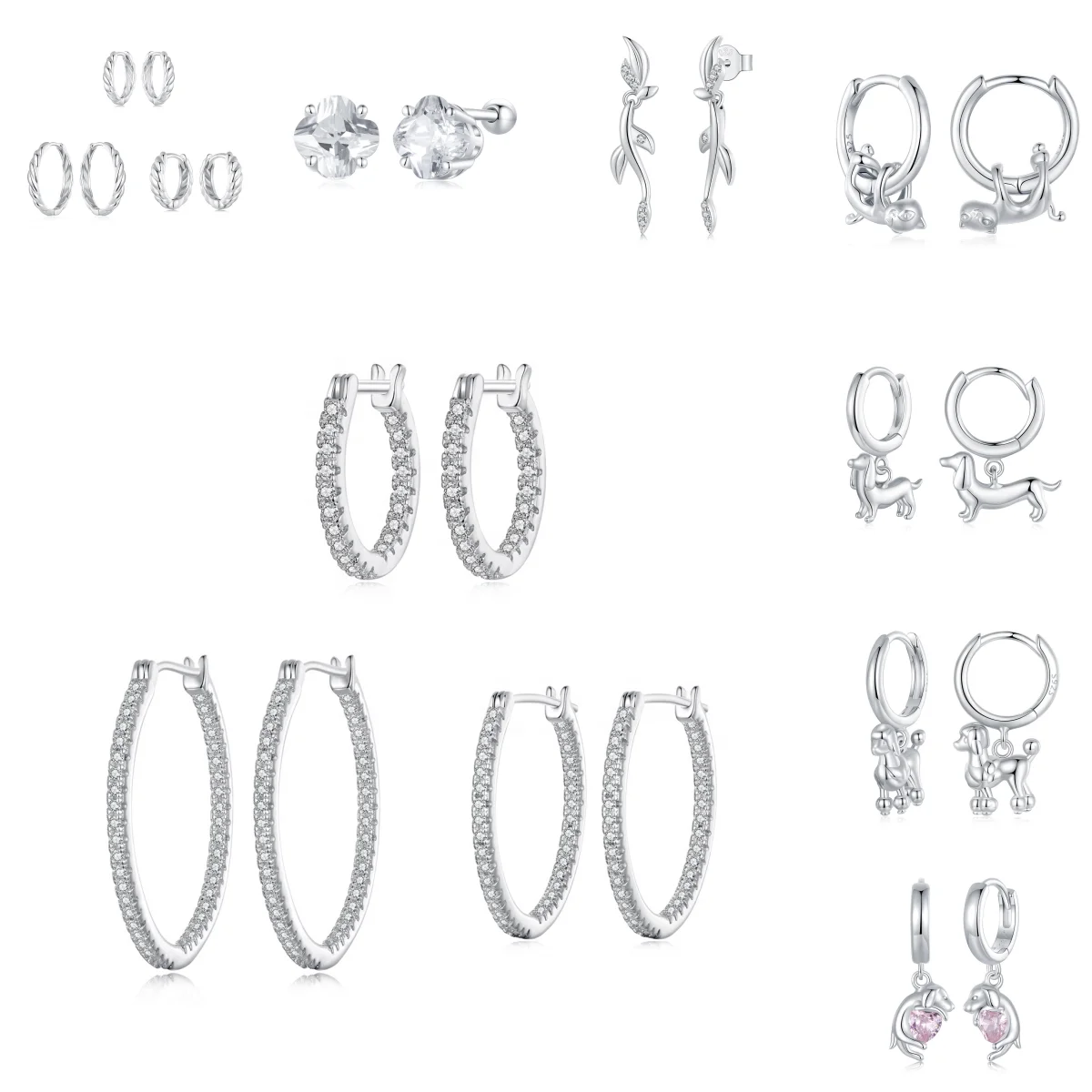 925 Sterling Silver Fashion Jewelry Earrings Fine Jewelry Zirconia Leaf Clover Cute Cat Dog Metallic Twist Sparkling Earrings