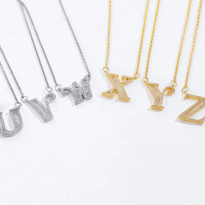 

ANK191103 High Quality Fashion Gold Silver Alphabet Pendent Necklace Shiny Cubic Zirconia Personalized Name Necklace For Women