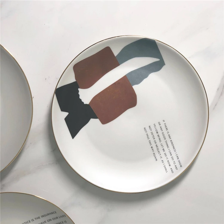 new design novelty custom decal printed artistic abstract wholesale white dinner ceramic plates with gold rim .jpg
