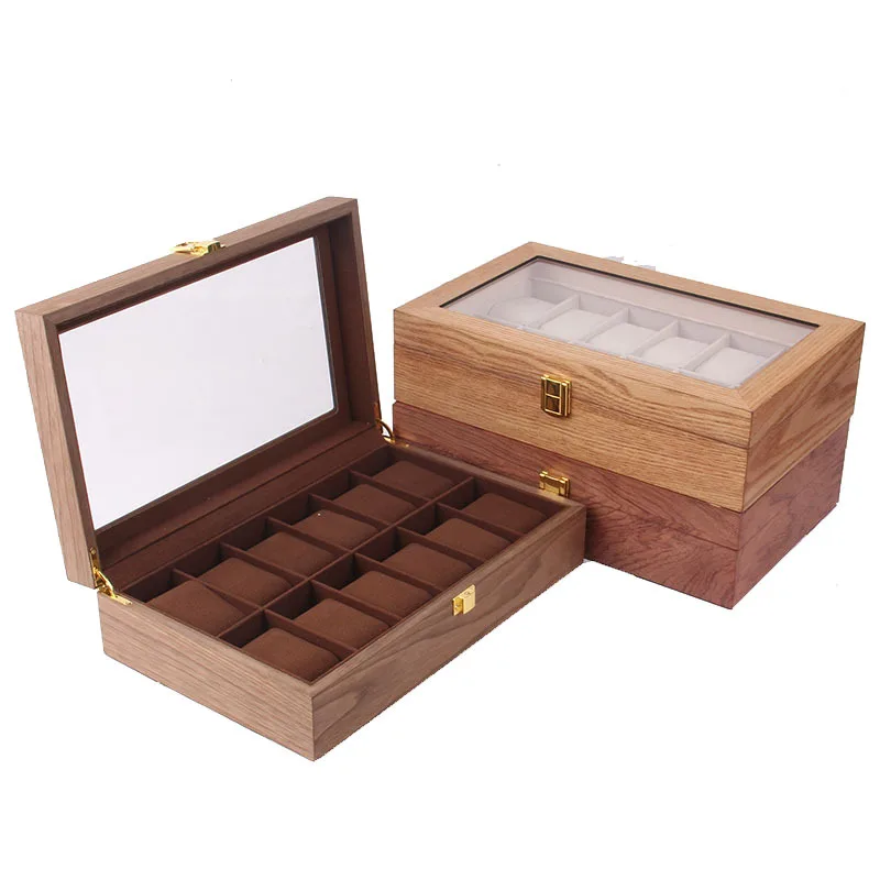 

Vintage Walnut Willow Rosewood Grain Wooden Display Watch Box 12 Slots With Glass Lid, Willow, walnut, rosewood color