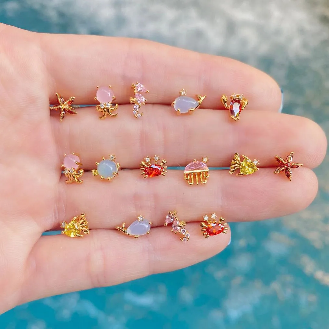 

Dainty gold plated sea animals colorful CZ diamond stud earrings for women girls