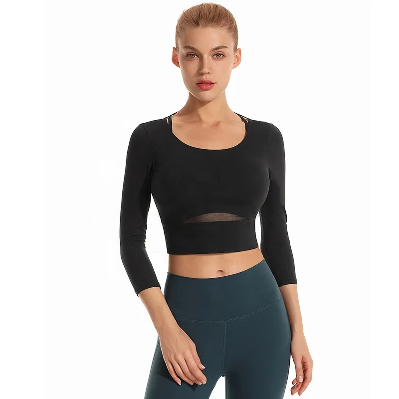 

Hot Sale Shockproof Comfortable Long Sleeve black Fitness Crop Top fashionable Womens Yoga Tops Activewear apparel clothes, Bean green,turmeric,black