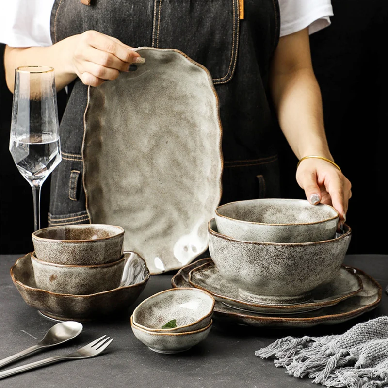 

Wholesale Japanese Stone Stripe Retro Grey Restaurant Ceramic Tableware