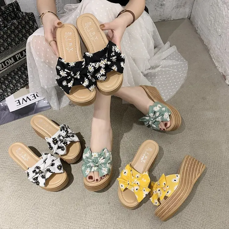 

Fashion New Outer Wear Beach Bow Non Slip Thick Sole Slope Heel Women Sandals And Slippers, White, yellow, green, black