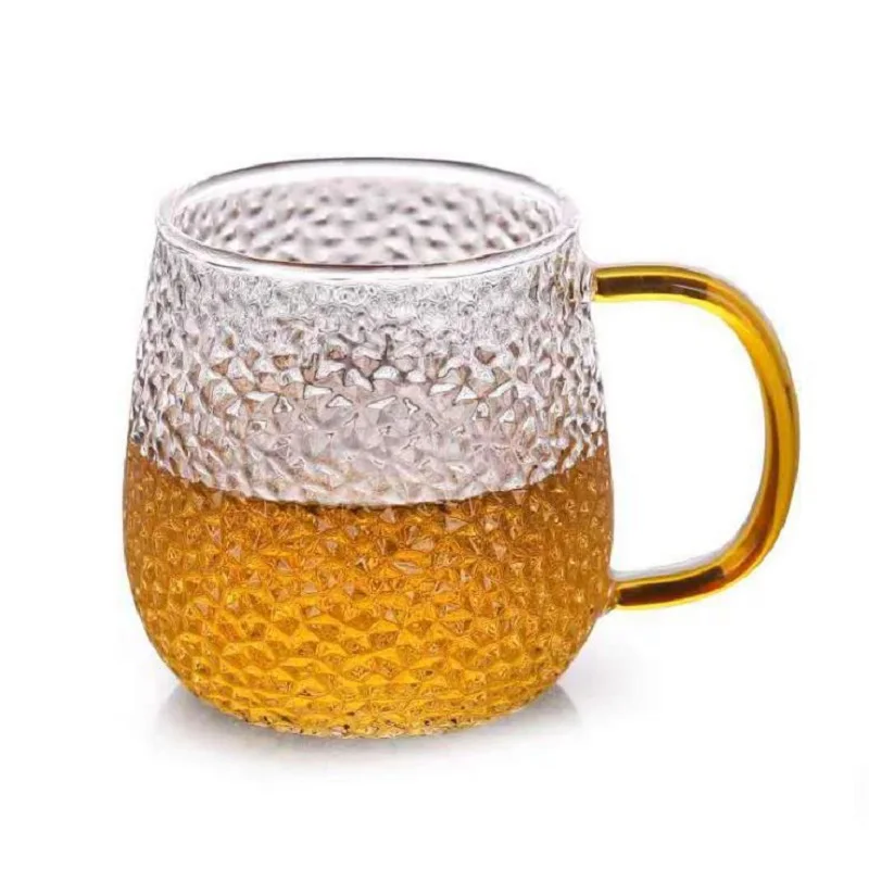 

14oz Hammer Grain Glass Cup Gold Handle Handblown High Borosilicate glass Mug