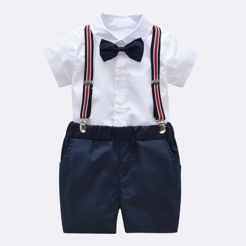 

2020 summer children boy clothing white shirts with bow tie and suspender shorts casual 2 pcs baby clothing set