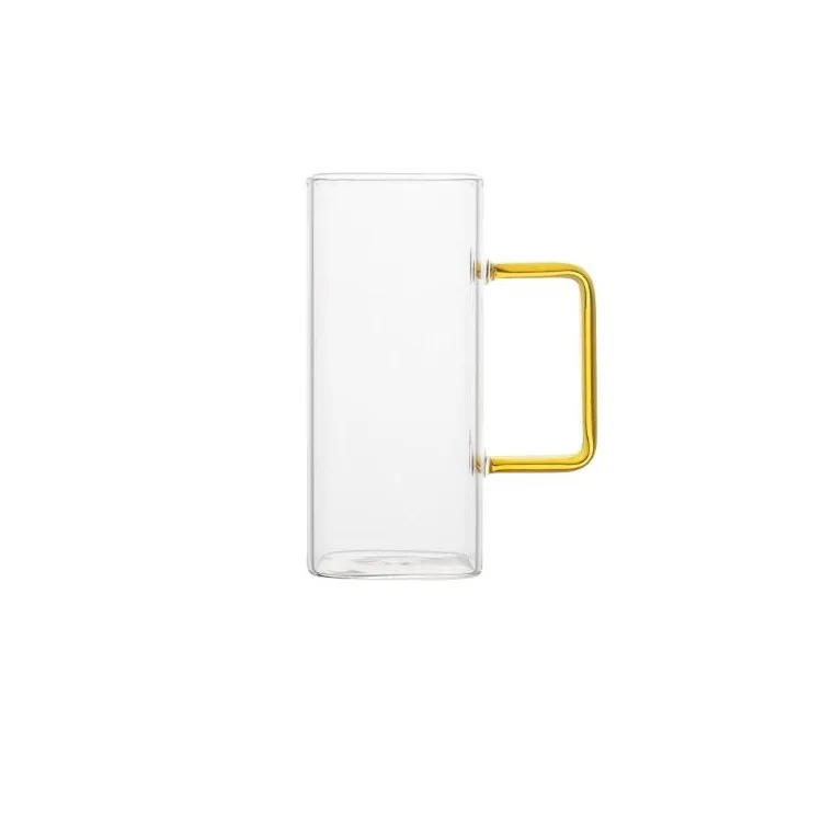 

OEM Hand Blown Square Glass Mug Breakfast Milk Coffee Cup Microwave Safe Transparent Party Beer Mug with Colored Handle, Customized color