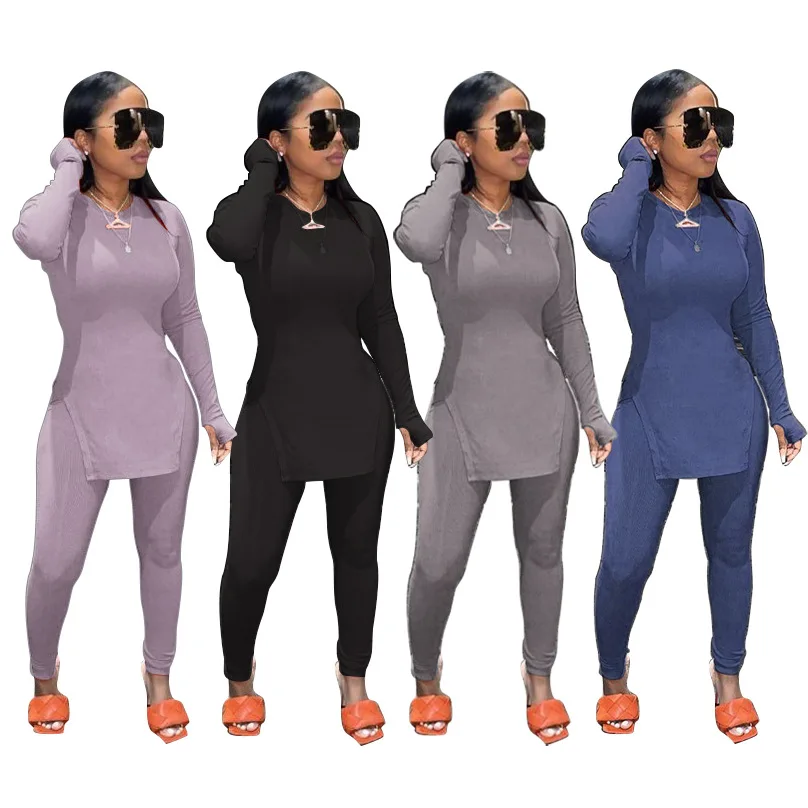 

Round Neck Casual Long-Sleeved Pencil Pants Women'S Side Slit Waist Trimming Suit